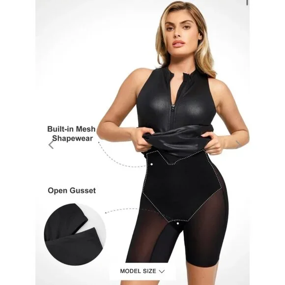 NEW Popilush Shapewear Sculpting Faux Leather Zip-Front Midi Dress Black Large - Picture 4 of 11